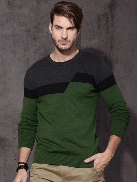 

Roadster Men Olive Green & Charcoal Grey Colourblocked Pullover