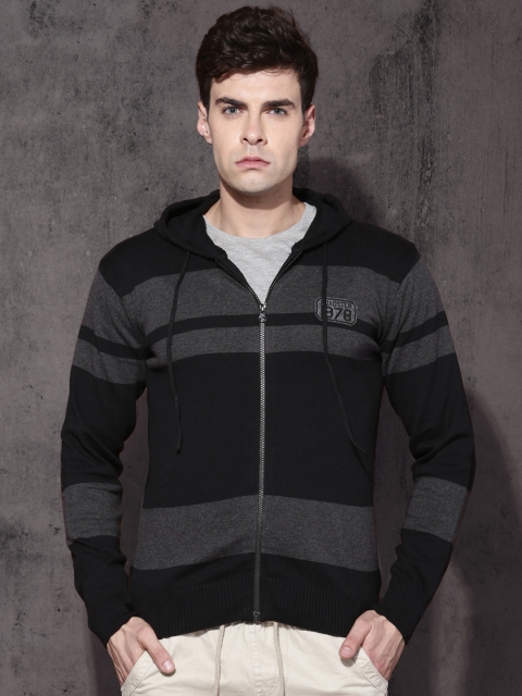 

Roadster Men Charcoal Grey & Black Striped Front-Open