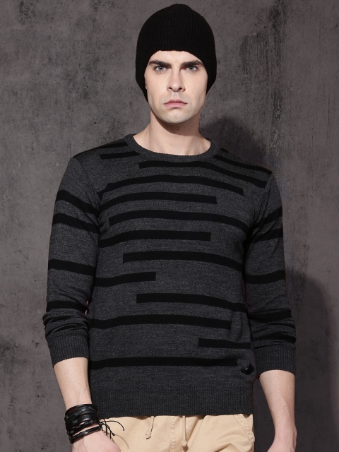

Roadster Men Charcoal Grey & Black Striped Pullover