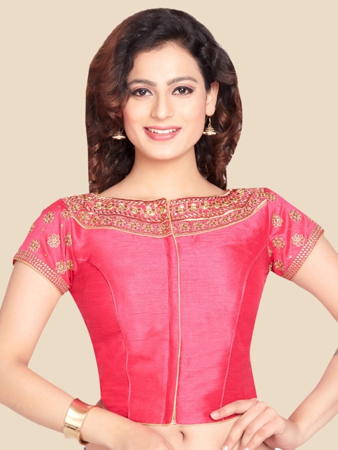 

neckbook Pink & Gold-Colored Embroidered Dupion Silk Padded Saree Blouse
