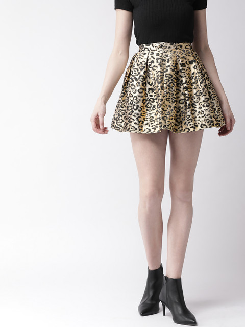 

FOREVER 21 Women Cream-Coloured & Black Woven Design Shimmer Mini Flared Skirt