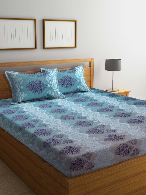 

BOMBAY DYEING Blue & Purple Floral 144 TC Cotton Queen Bedsheet with 2 Pillow Covers