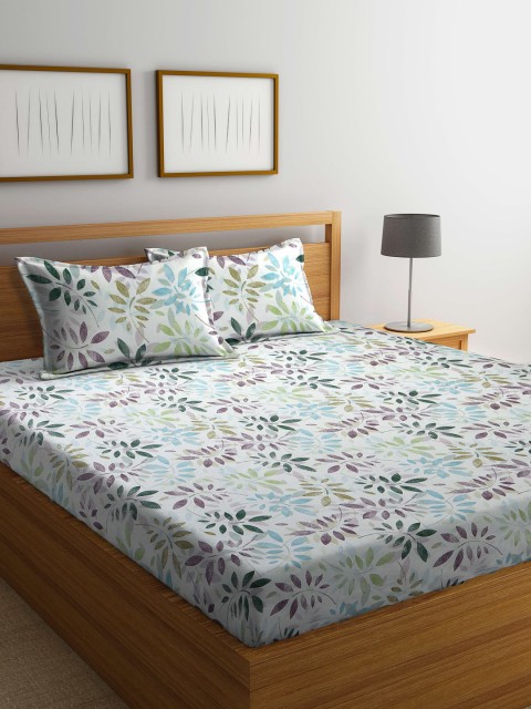 

BOMBAY DYEING Off White & Blue Floral 144 TC Queen Bedsheet with 2 Pillow Covers