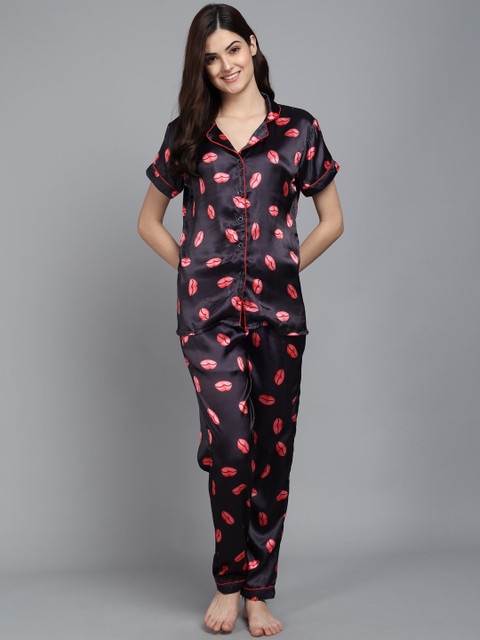 

SEPHANI Women Black & Coral Printed Night suit