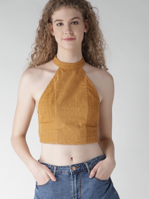 

FOREVER 21 Women Mustard Yellow Embroidered Styled Back Crop Pure Cotton Top