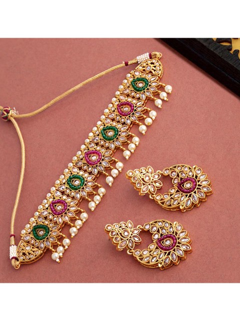 

Studio Voylla Gold-Plated White & Green Faux Pearls & Kundan Jewellery Set