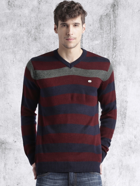 

Roadster Men Maroon & Charcoal Grey Striped Pullover