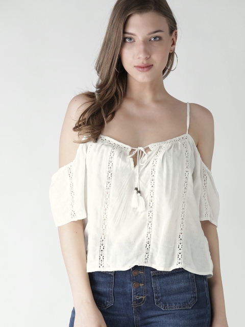 

FOREVER 21 Women White Self-Design Cold Shoulder Boxy Top