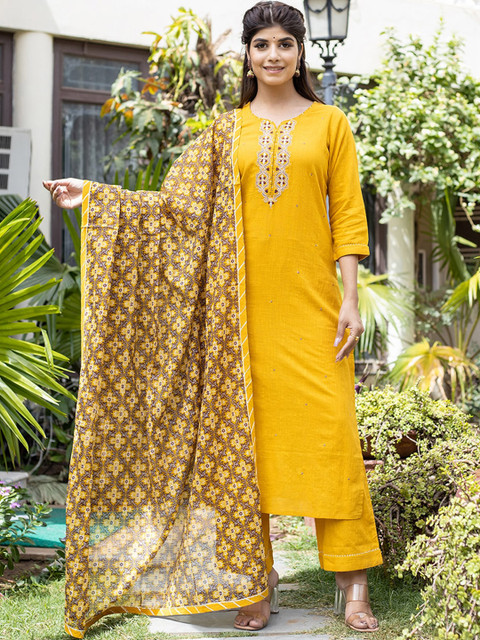 

KAAJH Women Yellow Printed Mirror Work Pure Cotton Kurta with Palazzos & With Dupatta