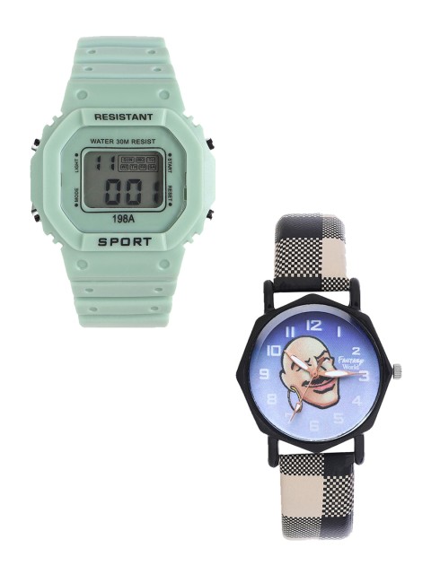 

Fantasy World Unisex Kids Set Of 2 Green & Black Watch Gift Set 198A-GR-022-CH-BK8-Green