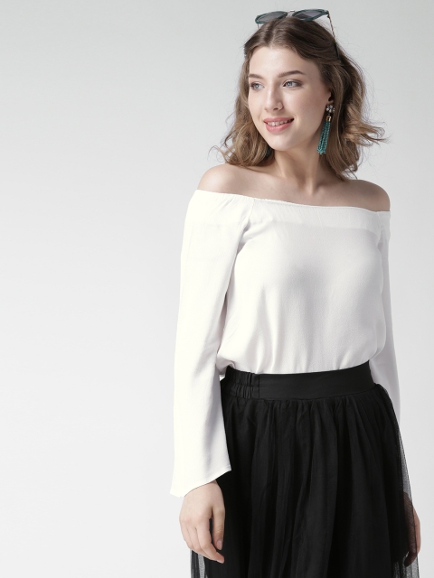

FOREVER 21 Women White Solid Bardot Top