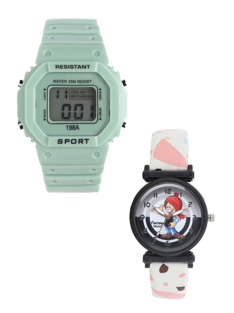 

Fantasy World Unisex Kids Set Of 2 Green & White Watch Gift Set 198A-GR-022-CH-BK2