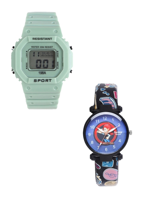 

Fantasy World Unisex Kids Set Of 2 Green & Black Watch Gift Set 198A-GR-022-CH-BK7-Green