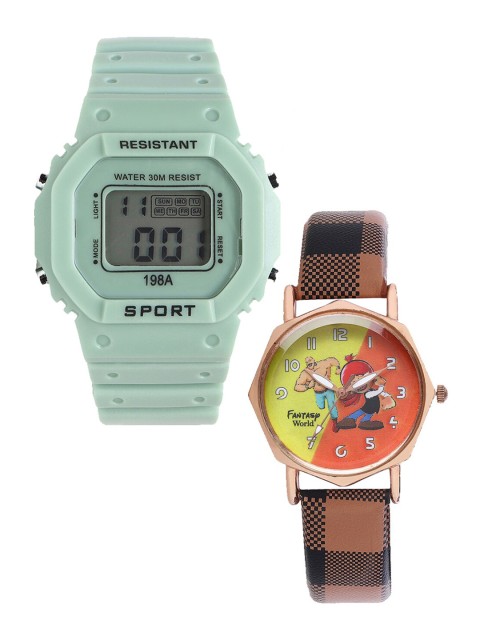

Fantasy World Unisex Kids Set Of 2 Green & Brown Watch Gift Set 198A-GR-021-CH-CP2-Green