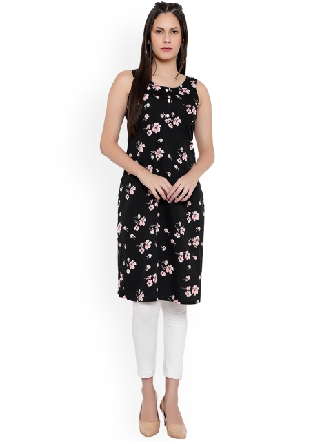 

KALINI Women Black Floral Printed Mirror Work Crepe Kurta