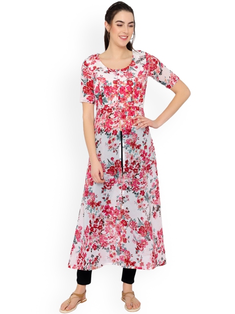 

KALINI Women White Floral Printed Front High Slit Crepe Kurta