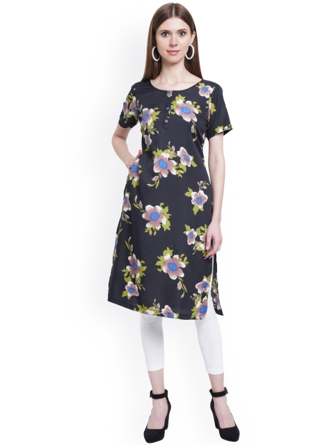 

KALINI Women Black Floral Printed Flared Sleeves Thread Work Crepe Kurta