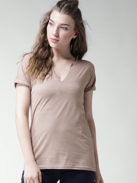 

FOREVER 21 Women Taupe Solid Round Neck T-shirt