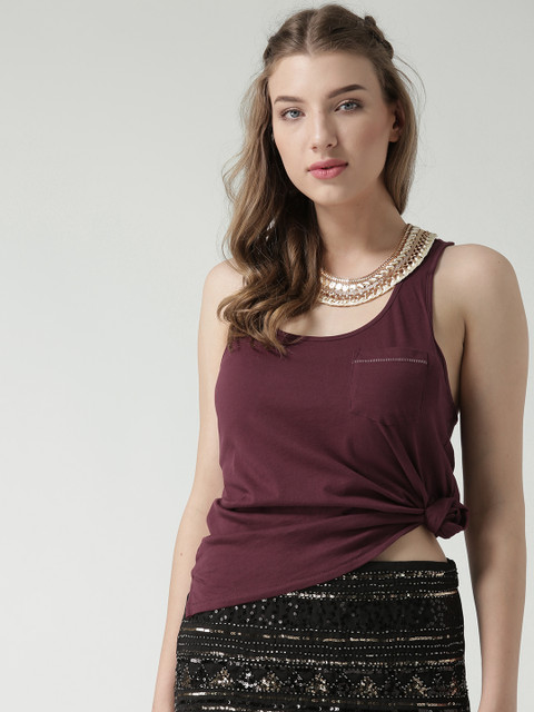 

FOREVER 21 Women Burgundy Solid Styled Back Pure Cotton Top