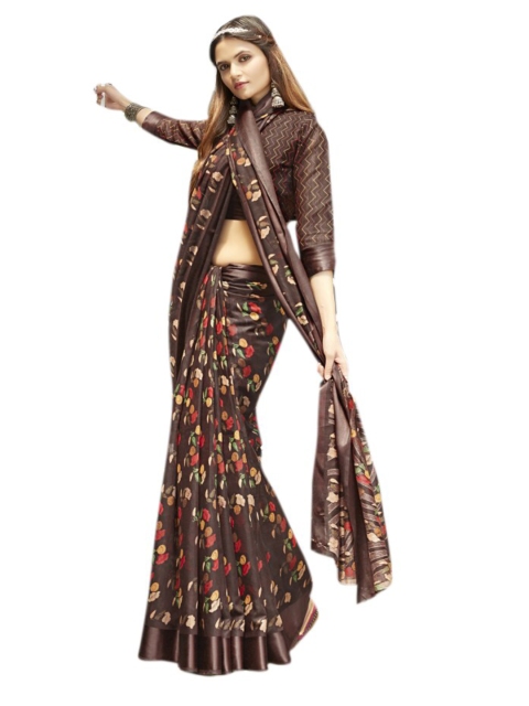 

KALINI Brown & Red Floral Linen Blend Saree