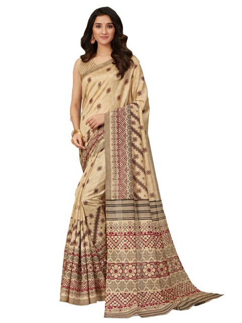 

KALINI Beige & Red Floral Art Silk Saree
