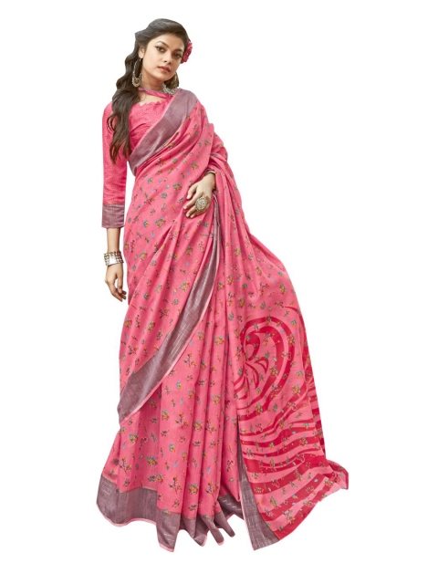 

KALINI Peach-Coloured & Green Floral Linen Blend Saree