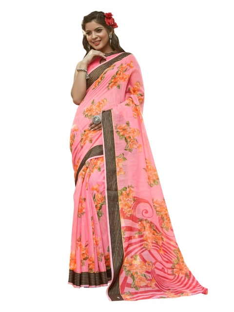 

KALINI Pink & Black Floral Linen Blend Saree