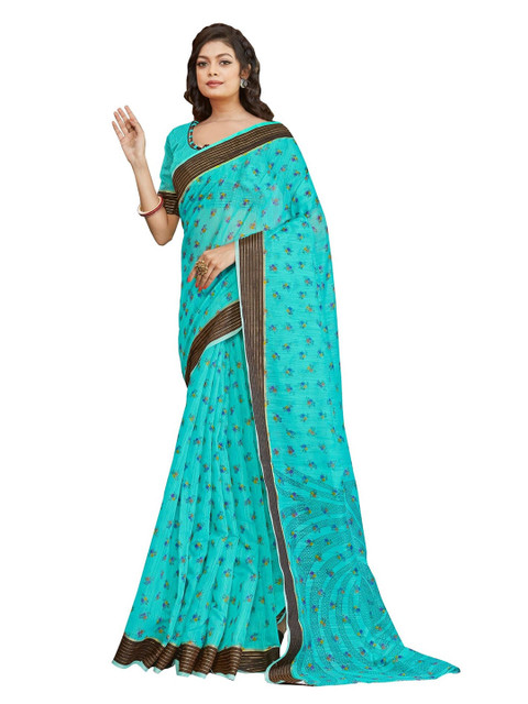 

KALINI Blue & Grey Floral Linen Blend Saree