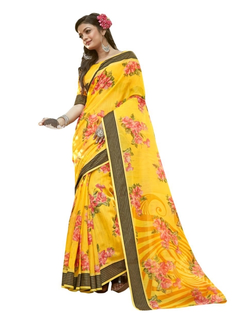 

KALINI Yellow & Green Floral Linen Blend Saree