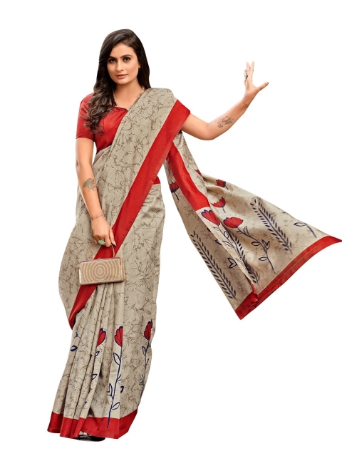 

KALINI Grey & Red Floral Art Silk Saree