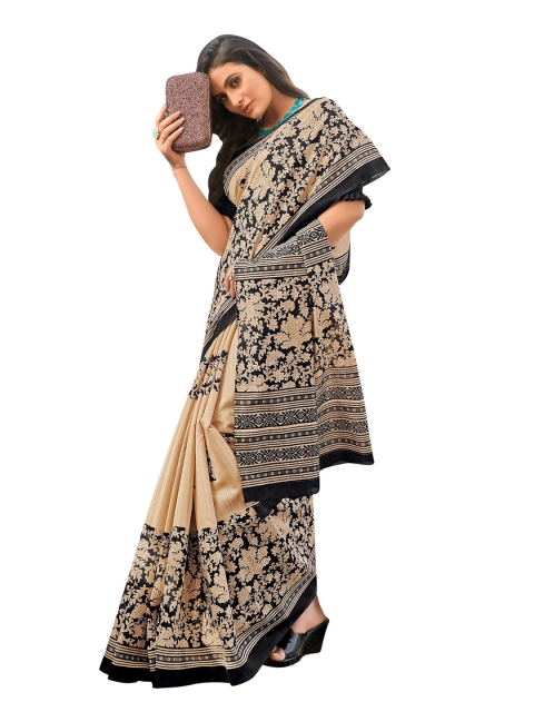 

KALINI Cream-Coloured & Black Floral Art Silk Saree