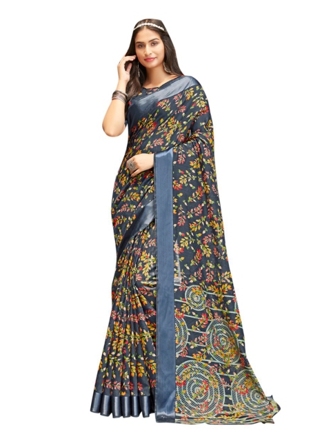 

KALINI Navy Blue & Green Floral Linen Blend Saree