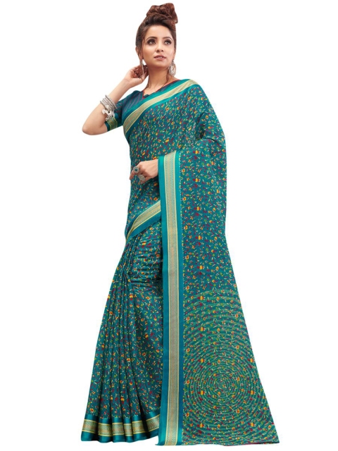 

KALINI Sea Green & Red Floral Linen Blend Saree
