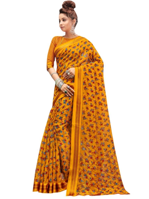 

KALINI Mustard & Blue Floral Linen Blend Saree
