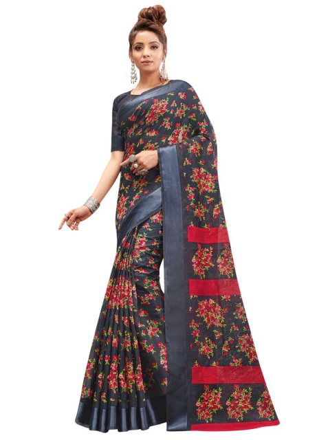 

KALINI Navy Blue & Red Floral Linen Blend Saree