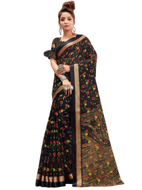 

KALINI Black & Red Floral Linen Blend Saree