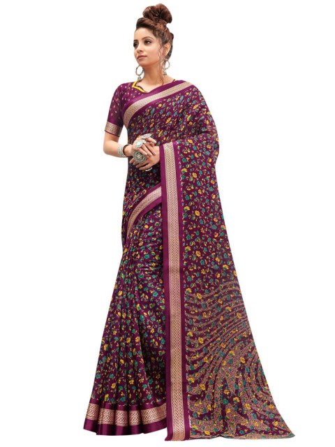 

KALINI Magenta & Blue Floral Linen Blend Saree