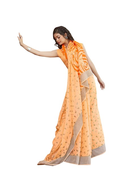 

KALINI Peach-Coloured & Grey Floral Linen Blend Saree