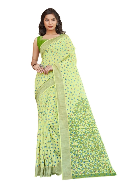 

KALINI Green & Blue Floral Linen Blend Saree