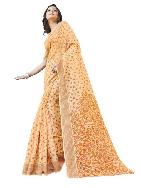 

KALINI Orange & Green Floral Linen Blend Saree