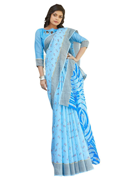 

KALINI Blue & Pink Floral Linen Blend Saree