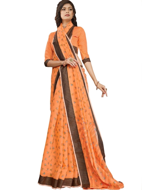 

KALINI Orange & Blue Floral Linen Blend Saree