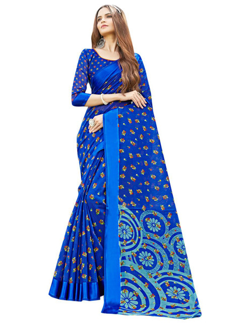 

KALINI Blue & Brown Floral Linen Blend Saree