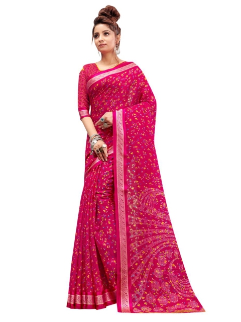 

KALINI Magenta & Blue Floral Linen Blend Saree