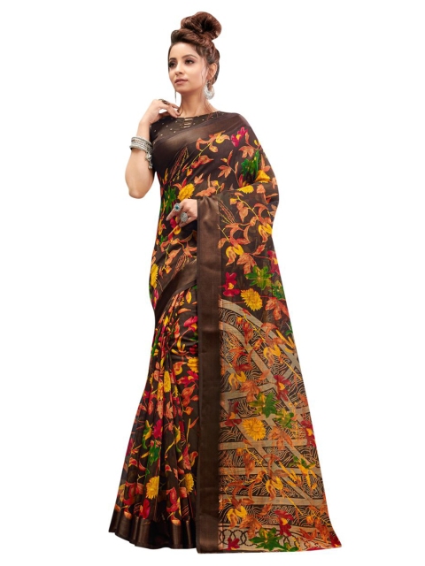 

KALINI Brown & Green Floral Linen Blend Saree