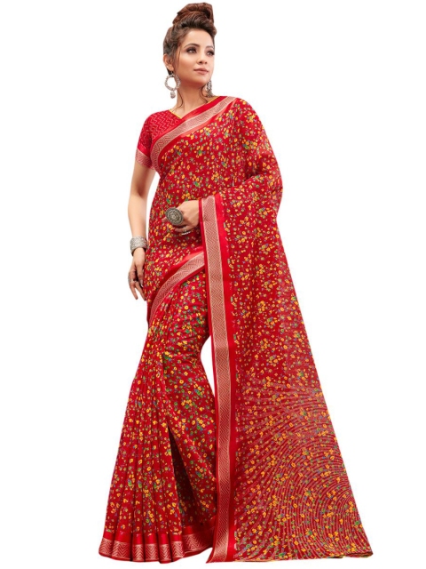 

KALINI Red & Green Floral Linen Blend Saree