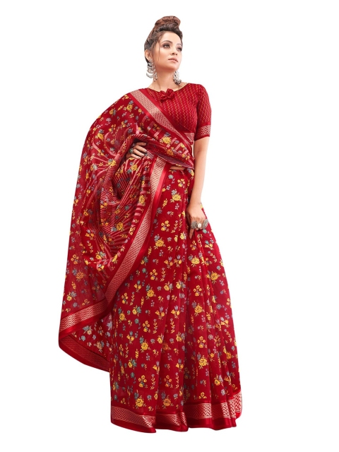 

KALINI Red & Orange Floral Linen Blend Saree