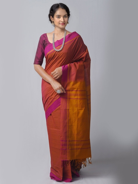 

Unnati Silks Rust Orange & Purple Pure Cotton Handloom Kanjeevaram Saree