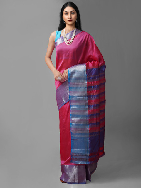 

Unnati Silks Pink & Blue Woven Design Zari Pure Silk Kanjeevaram Saree