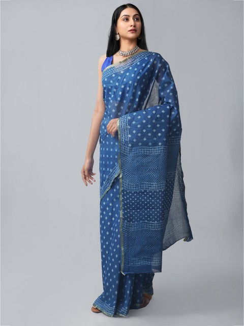 

Unnati Silks Blue & Silver-Toned Dabu Zari Pure Cotton Dabu Saree